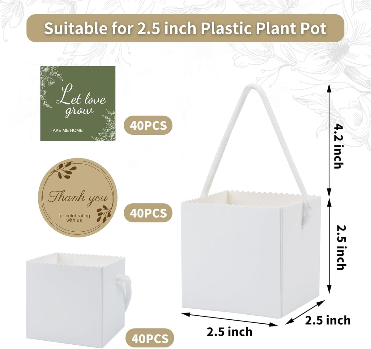 Temlum 2.5 Inch Succulent Wrap Bags (Fits 2.5″ Pots) with Thank You & Let Love Grow Stickers, Succulent Gift Box for Wedding, Baby Shower, Succulent Party Favors for Guests (White 40pcs)