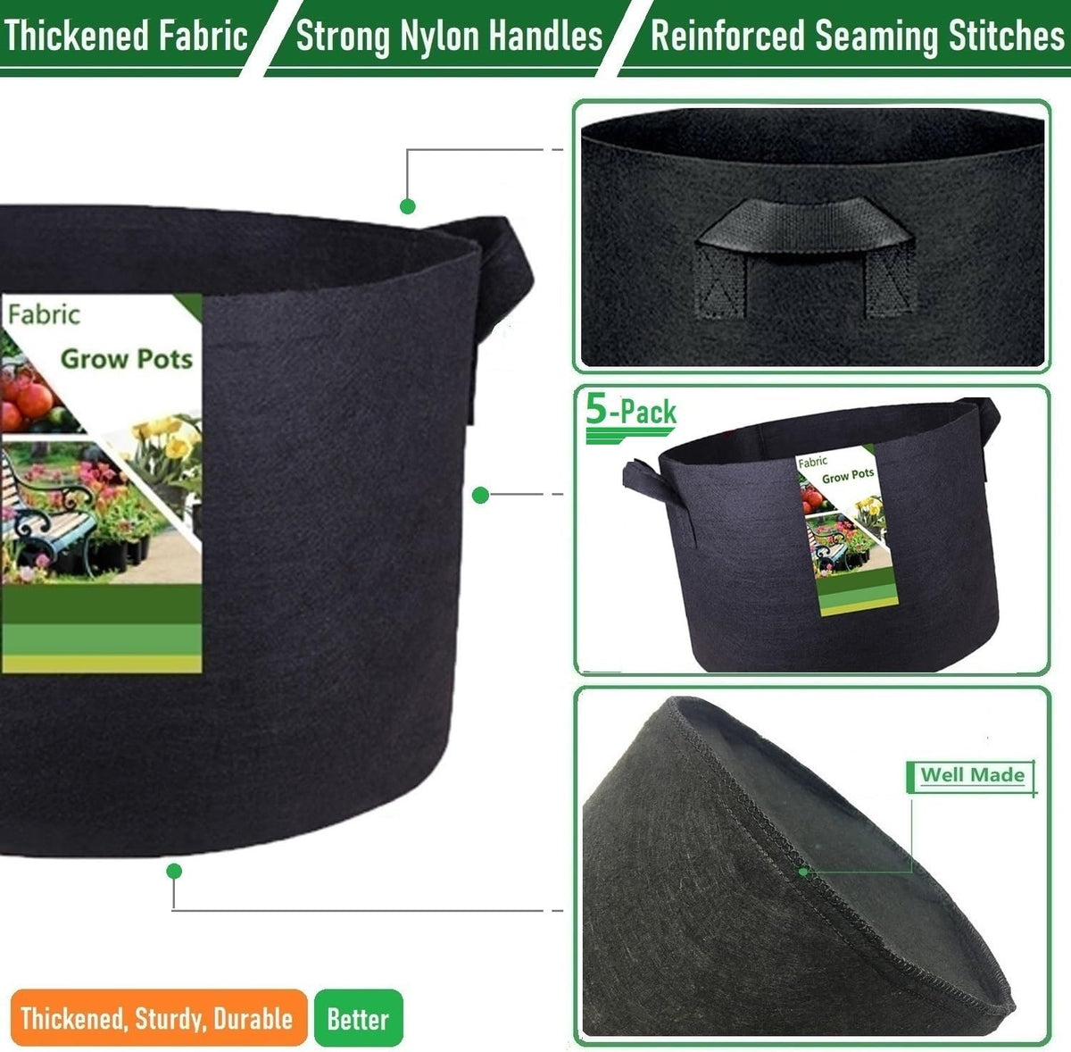 5-Pack 3 Gallon Plant Grow Bags (10x8 inch) Thickened Gardening Bags Fabric Plant Pots for Garden Pots,Flower Pot,Plant Nursery Bag,Herbs Veggies Planter Bag,Barrel Planter,Garden Container W/ Gloves