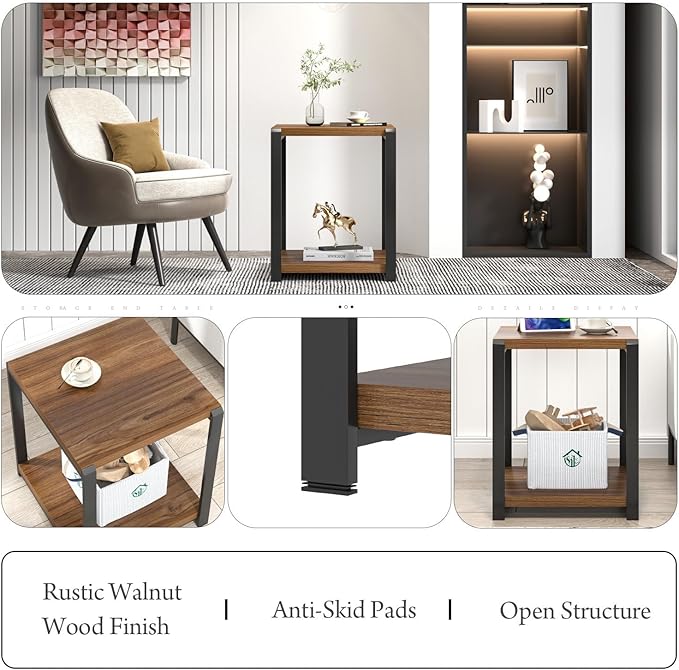 FOLUBAN Modern End Table, Square Side Table with Storage Shelf for Living Room, Rustic Wood Night Stand for Bedroom, Walnut