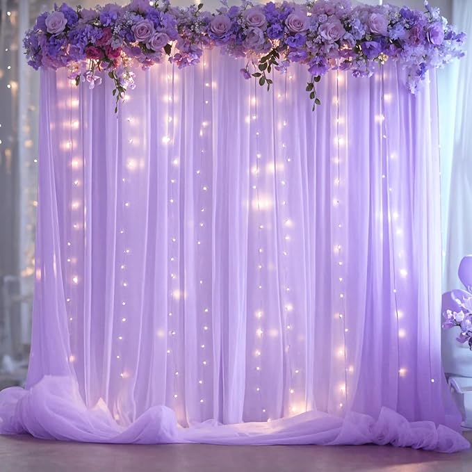 Lavender Tulle Backdrop Curtain with Lights String for Wedding Baby Shower 20×8ft Lavender Sheer Backdrop Curtain for Bridal Shower Birthday Party Photoshoot Background Decorations(4 Panels 5×8ft)