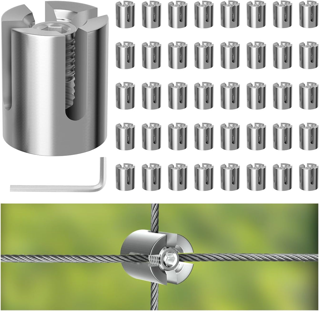 40 Pack Wall Trellis Wire Clamps & Cross Cable Clamps, T316 Stainless Steel Heavy Duty (0.66" OD) for 1/8" Rope, No Drilling Wire Trellis Kit for Outdoor Climbing Plants & Fence