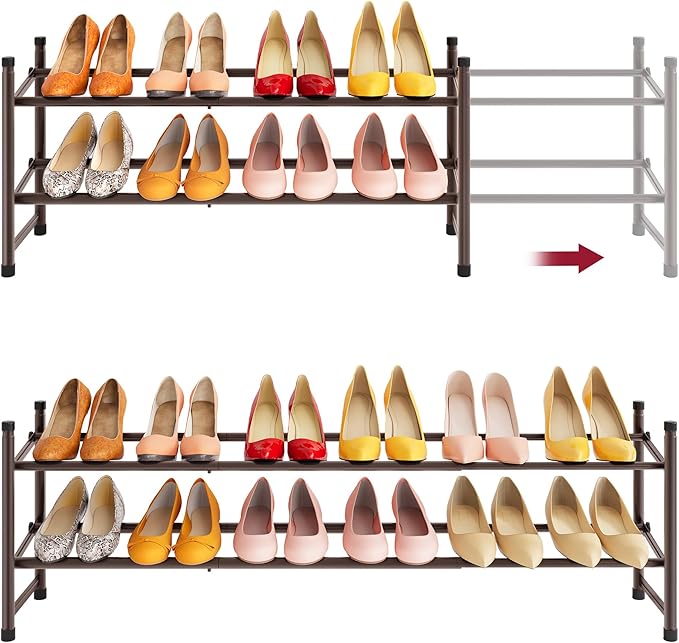 Tajsoon 2 Tier Expandable Shoe Rack for Closet, 28“-41“Adjustable & Stackable Shoe Shelf Storage, Metal Shoe Rack Organizer for Front Door Entrance, Closet, Garage, Entryway, Bronze
