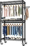 Heavy Duty Clothes Rack Rolling Garment Rack,3 Tier Adjustable Wire Shelving Clothing Racks for Hanging Clothes with Double Rods&Side Hooks,Freestanding Wardrobe Storage Rack Metal Portable Closet
