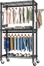Heavy Duty Clothes Rack Rolling Garment Rack,3 Tier Adjustable Wire Shelving Clothing Racks for Hanging Clothes with Double Rods&Side Hooks,Freestanding Wardrobe Storage Rack Metal Portable Closet