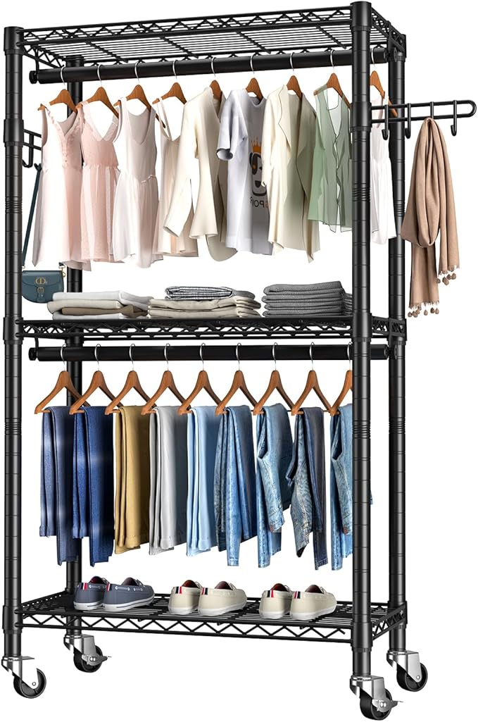 Heavy Duty Clothes Rack Rolling Garment Rack,3 Tier Adjustable Wire Shelving Clothing Racks for Hanging Clothes with Double Rods&Side Hooks,Freestanding Wardrobe Storage Rack Metal Portable Closet