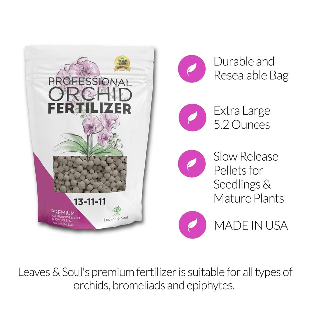 Leaves and Soul Orchid Fertilizer Pellets |13-11-11 Slow Release Pellets for Seedlings and Mature Plants | Multi-Purpose Blend & Gardening Supplies, No Fillers | 5.2 oz Resealable Packaging
