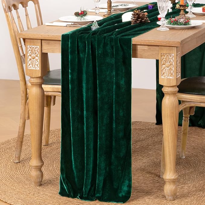 MLMC Emerald Green Velvet Table Runner 10ft Luxury Dark Green Velvet Fall Table Runner 20x120 Inches Glossy Wedding Table Runner for Bridal Shower Birthday Party Gathering Thanksgiving Christmas Decor