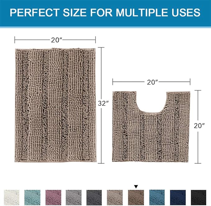 H.VERSAILTEX Bathroom Rugs Bath Rug Set 2 Piece Bathroom Contour Rug Toilet Mat Sets Non Slip Contour Bath Rug Ultra Thick Water Absorbent Striped Bath Mats(20" x 32" Plus 20" x 20" U, Taupe Brown)