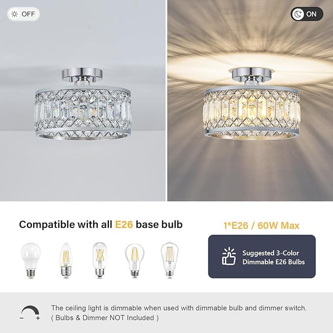 Crystal Chrome Ceiling Light, Modern Semi Flush Mount Ceiling Lighting Fixture, Round Hallway Lighting Fixtures for Entryway Kitchen Bedroom Laundry Room, 1-Light, 11.4 Inch