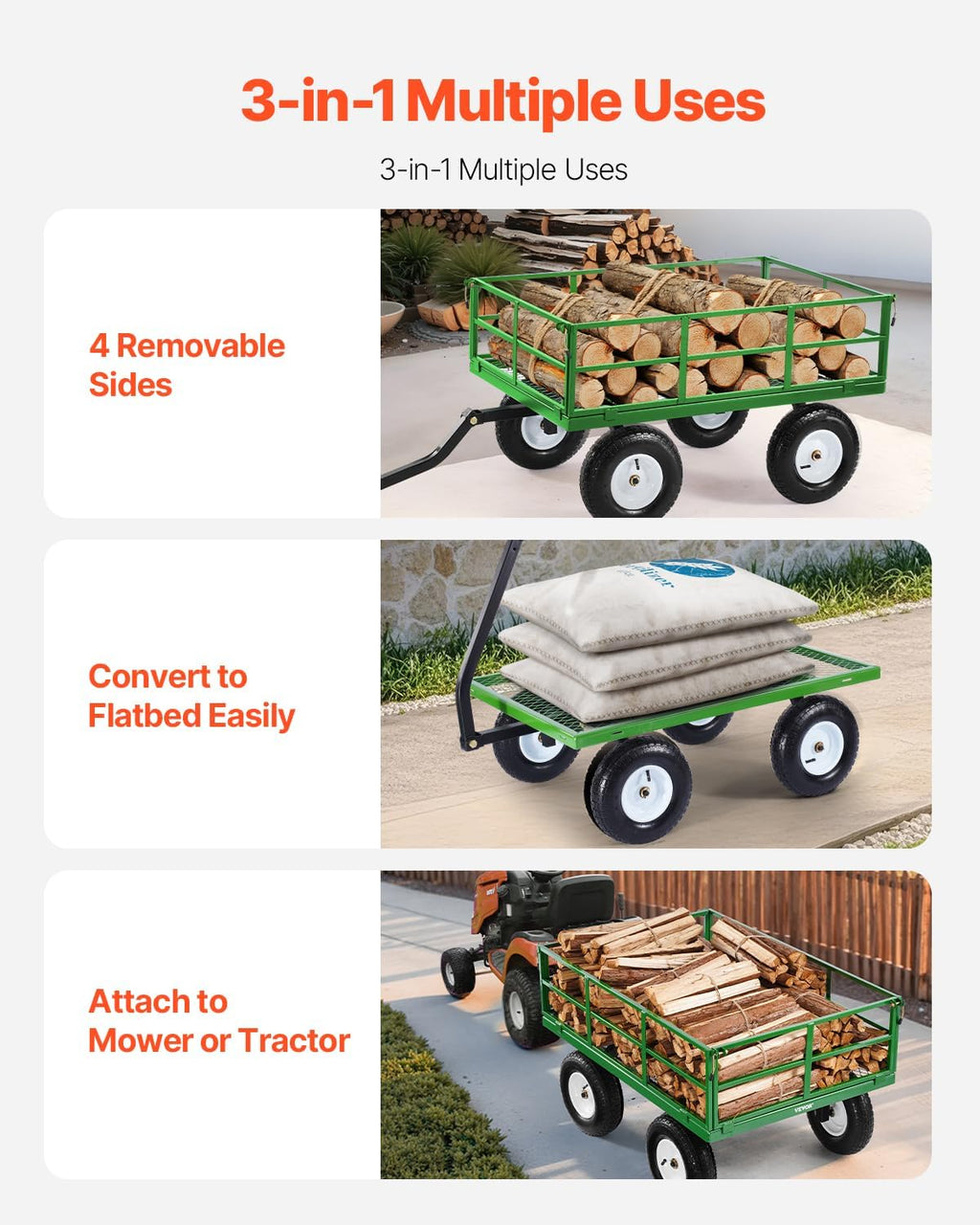 VEVOR 1200 Lbs Steel Garden Cart, Heavy Duty Pullable Garden Wagon Yard Cart, 2 in 1 Outdoor Metal Utility Wagon Yard Trailer with 13" All Terrain Tires, Mesh Removable Sides and 180°Rotating Handle