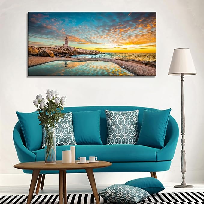 YYYYHPP YP1875 Canvas Prints Wall Art Peggy's Cove Lighthouse Sunset Ocean View Landscape Nature Pictures Stretched Canvas Wooden Framed for Living Room Bedroom and Office Wall Decor