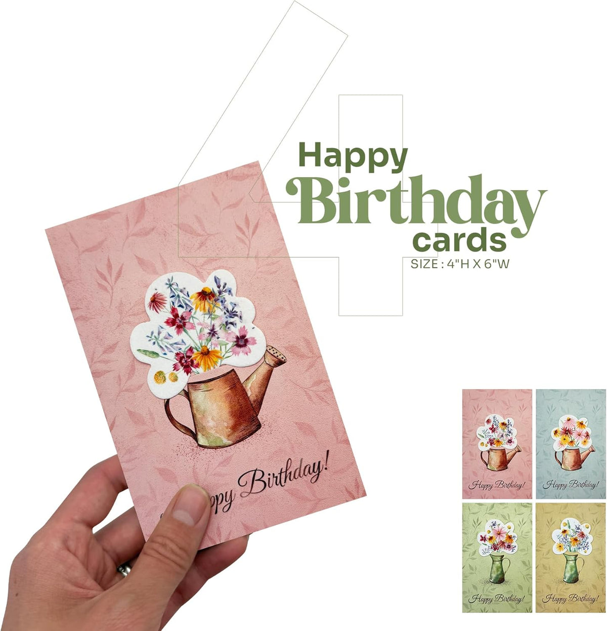 Seed Paper Birthday Cards – 4 Plantable Bouquet Inserts with Wildflower Seeds, 4 Greeting Cards & Envelopes, Unique Gift for Birthdays & Special Occasions