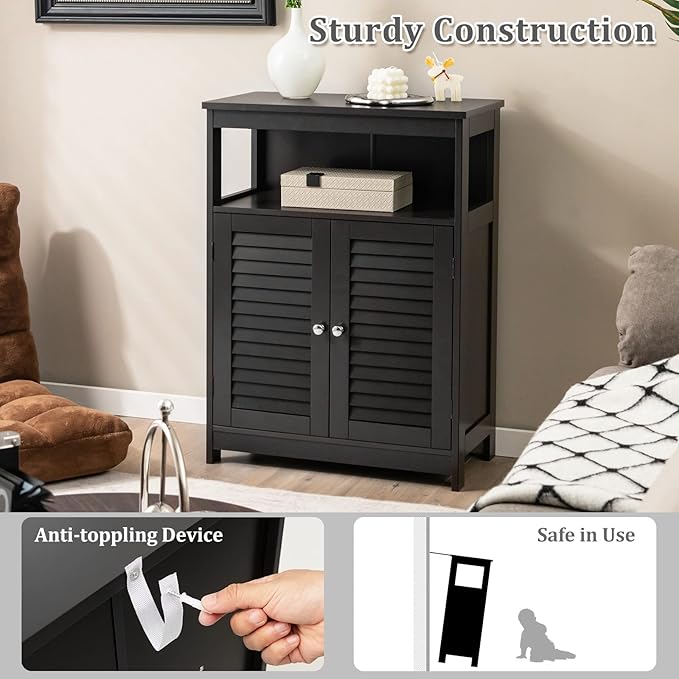 Tangkula Bathroom Floor Cabinet, Wooden Freestanding Storage Cabinet with Double Shutter Door & Adjustable Shelf, Storage Cabinet for Bathroom Living Room (Black)