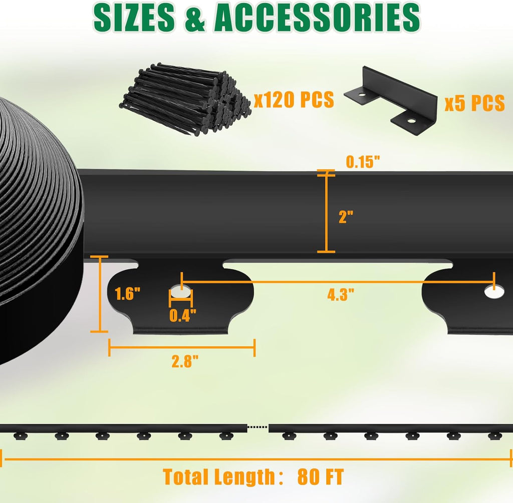 Landscape Edging - 2” x 80’ Garden Edging Border with 90 Stakes, 0.15" Thick No Dig Lawn Edging for Landscaping for Garden Bed, Yard, Flower Bed Border Edging with Connector for Outdoor