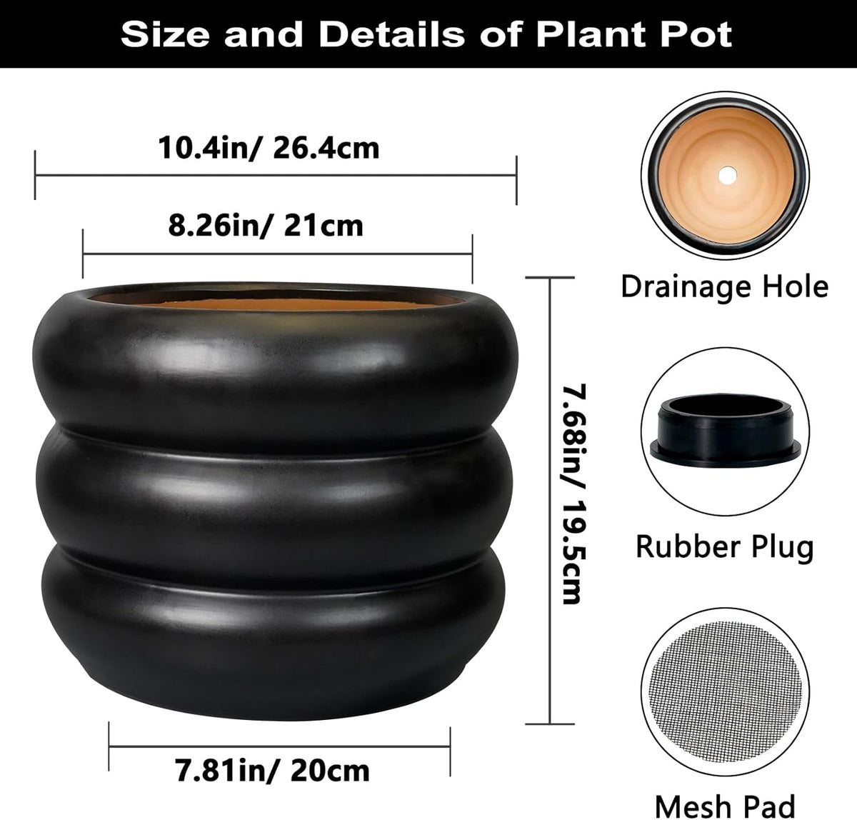 SQOWL 10 Inch Pot for Plants - Ceramic Planter for Indoor Plants Large Plant Pot with Drainage Hole Outdoor Flower Pot Decorative Round Planter for Porch House Decor Black