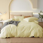 JIYUAN 100% Washed Cotton Duvet Cover Set 3 Pieces Cal King, 1 Duvet Cover 104x98 Inches(Comforter Not Included) and 2 Pillowcases,Linen Feel Bedding Set Comfy and Breathable,Light Yellow
