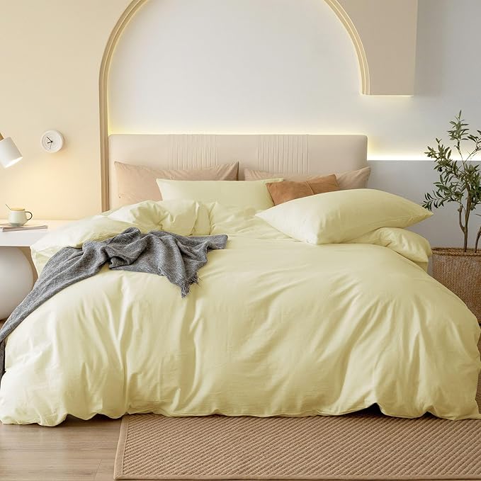 JIYUAN 100% Washed Cotton Duvet Cover Set 3 Pieces Cal King, 1 Duvet Cover 104x98 Inches(Comforter Not Included) and 2 Pillowcases,Linen Feel Bedding Set Comfy and Breathable,Light Yellow