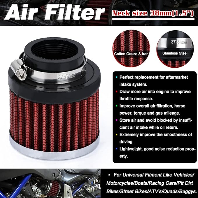 PTNHZ Universal Red Neck 1.5" 38mm Car High Flow Cold Air Intake Air Filter Power Intake Air Inlet System Air Cleaner