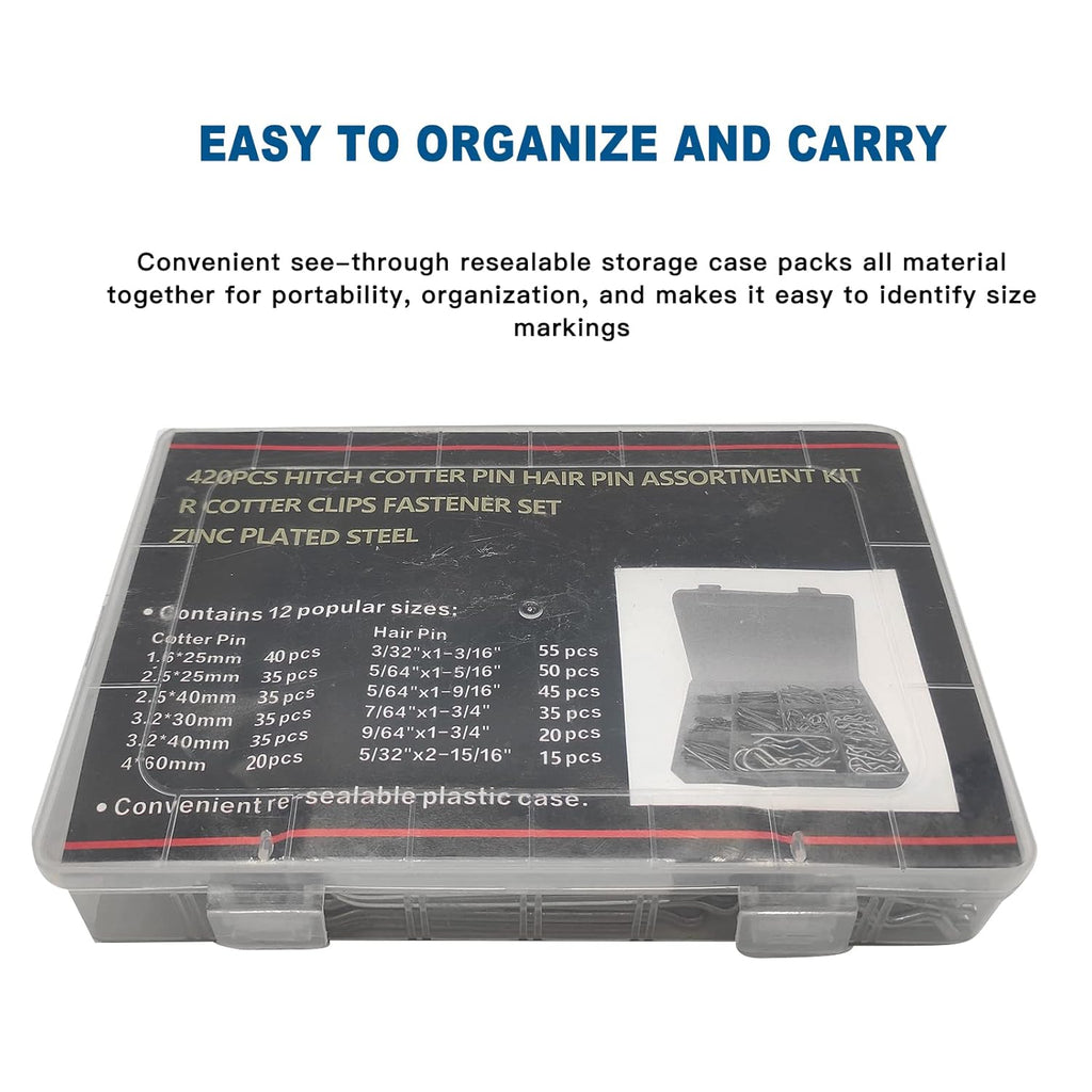 Boatsea 420Pcs Cotter Pin Assortment Kit R Clips Spring Retaining Hair Pins Assortment Kit, Including 6 Sizes 200PCS Cotter Pins and 6 Sizes 220PCS Hairpin Pins, Zinc-Plated