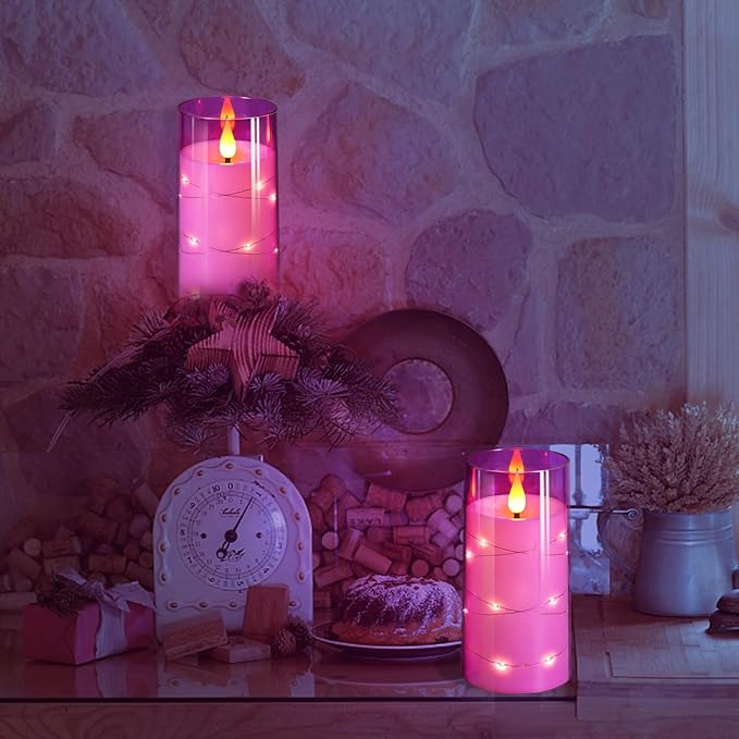 NURADA 3"x6"Flickering Flameless Candles: Built-in Star String Lights 3D Wick Battery Operated LED Pillar Candles with Remote and Timer for Table Wedding Centerpieces Party - 2 Pack Purple