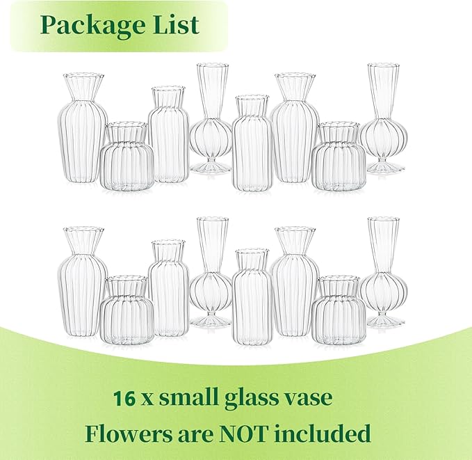 Mini Glass Vases for Centerpieces - Hewory Small Clear Bud Vase in Bulk, Cute Flower Vases Set for Wedding, Home Decoration, Table Decor (Clear, 16)