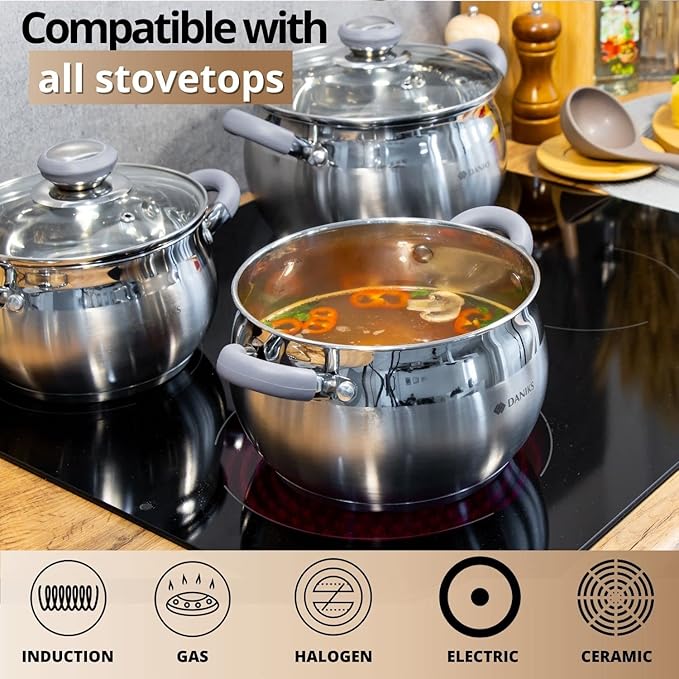 Daniks Modern 10-Piece Stainless Steel Induction Cookware Set – Dishwasher Safe Saucepan, Pots with Heatproof Handles, Glass Lids, Silver