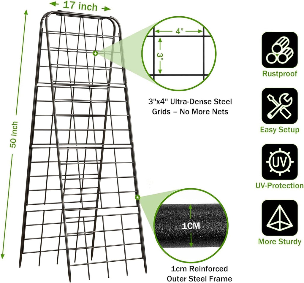 Heavy Duty 50"x17" Adjustable A-Frame Trellis for Climbing Plants – Rust-Proof Metal Garden Trellis with Dense Grid Design, Perfect for Raised Beds, Tomatoes, Cucumbers & Outdoor Vines (Black, 2 Pcs)