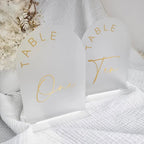 JINMURY Frosted Arch Wedding Table Numbers 1-10 with Stands, 5x7 Inch Acrylic Arch Sign with Golden Lettering, Frosted Acrylic Table Numbers for Wedding Reception
