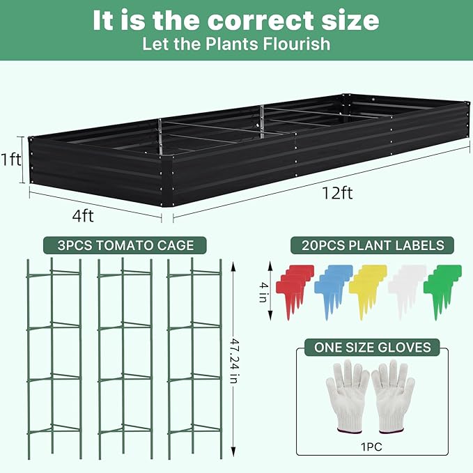 12×4×1ft Galvanized Metal Raised Garden Bed, Metal Planter Kit Box Outdoor for Deep-Rooted Vegetables, Flowers, Green and Herbs