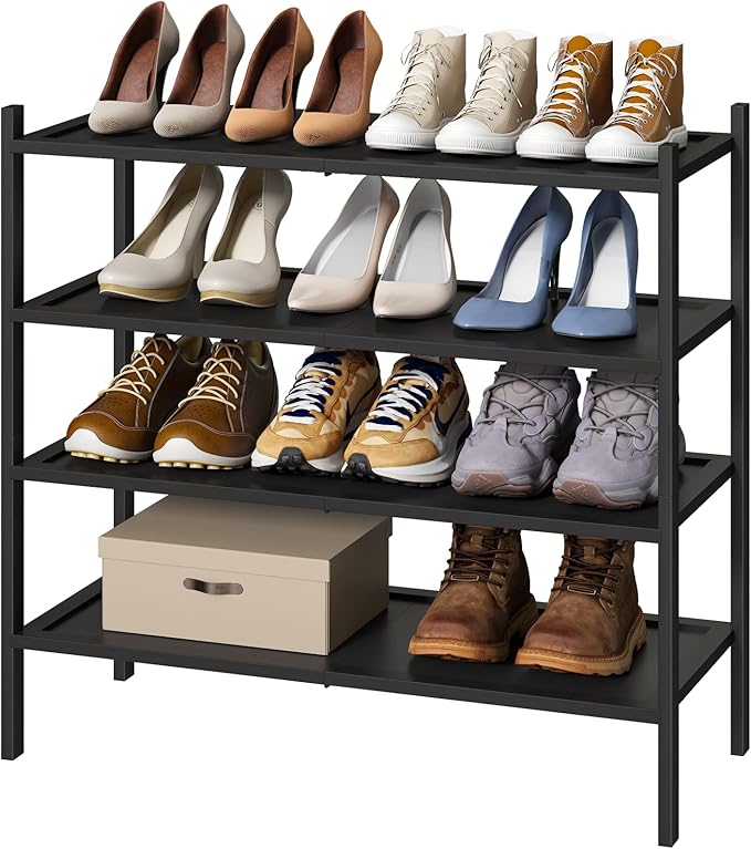 Shoe Rack for Entryway, Black Bamboo Shoe Rack 4-Tier, Stackable Shoe Organizer for Hallway Closet, Free Standing Shoe Racks for Indoor Outdoor