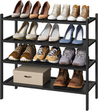 Shoe Rack for Entryway, Black Bamboo Shoe Rack 4-Tier, Stackable Shoe Organizer for Hallway Closet, Free Standing Shoe Racks for Indoor Outdoor