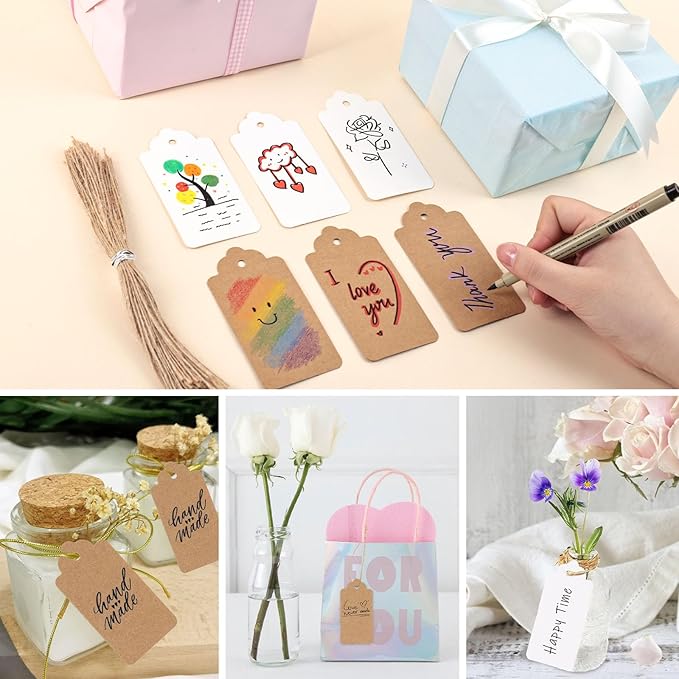 SallyFashion 200pcs Gift Tags with String Attached, 2x4 inch Kraft Paper Hang Tags for Clothes DIY Crafts Wedding Holiday (Brown White)