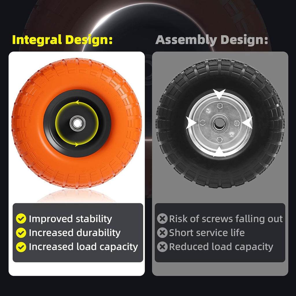 【UPGRADED】4.10 3.50-4 Tire and Wheel, 10 Inch Flat Free Tires 4 Pack with 5/8” Axle Bore Hole and Double Sealed Bearings, for Dolly Tires/Hand Truck/Dump Cart