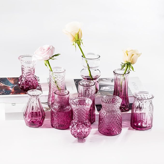 10 Pcs Pink Flower Bud Vases, Loose Transparent Flower Bud Vases, Small Vases, Decorative Vases, Family Wedding Table Decorations