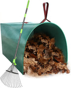 Joyhalo 63.4 Inch Rake for Leaves with 40 Gallon Dustpan-Typ Leaf Bags, Adjustable 18 Tines Metal Leaf Rake Set for Gardening Lawns Yard Outdoor Camping Shrub Grass Bush Grass Clippings