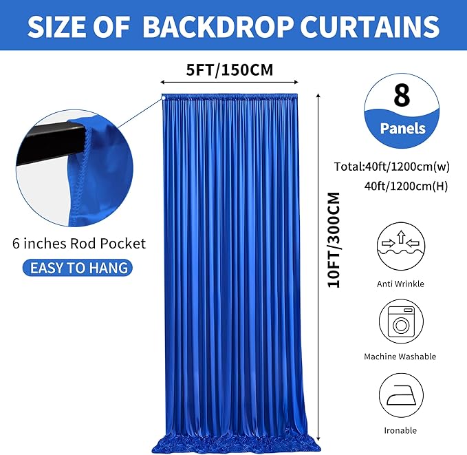 40x10ft Backdrop Curtains for Parties, 8 Panels 5x10ft Photography Backdrop Curtain with Rod Pocket,Backdrop Polyester Background Drapes,Wedding Backdrop Drapes for Birthday Baby Shower Home Decor
