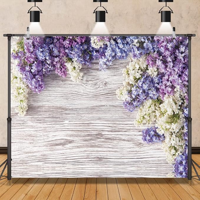 Purple Flower Wood Backdrop LFEEY 10x10ft Newborn Baby Shower Wooden Backdrop Photography Lilac Bloom Bouquet Wood Panel Wall Girls Adults Portrait Background Party Events Decoration Photo Studio Prop