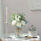 Faux Flowers with Vase,Artificial Silk Roses in Vase, Fake Plant Eucalyptus Flower Arrangement for Home Office Farmhouse Bathroom Dining Table Centerpiece Decorations Coffee Table Decor (White)