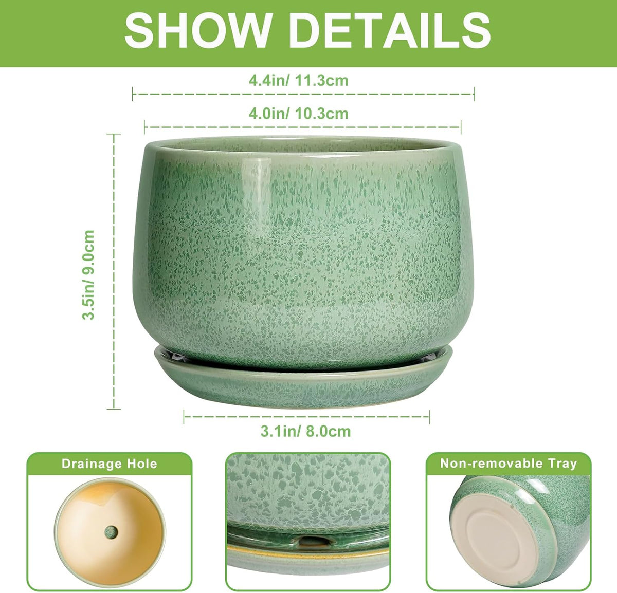 G EPGardening Ceramic Plant Pot - 4 inch Plant Pots with Drainage Hole & Saucer, Small Pots for Plant Indoor Outdoor, Modern Round Planter, Decorative Flower Pot, Room Decor, House Warming Gift, Green