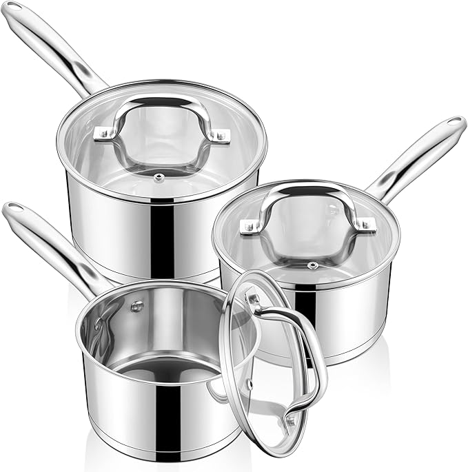 LIANYU Stainless Steel Saucepan with Visible Lid, 1QT & 2QT & 3QT Sauce Pan Sets, Multi-Purpose Small Induction Cooking Pots for Home Kitchen, Healthy & Non-Toxic, Oven & Dishwasher Safe