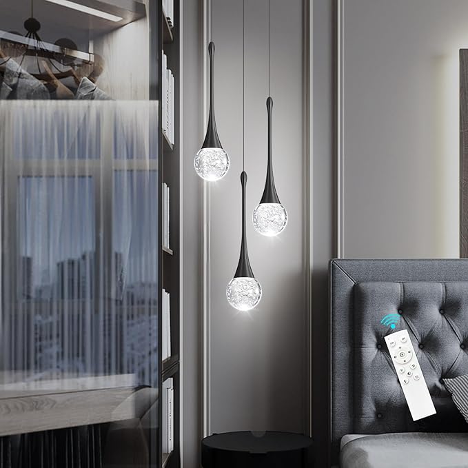 cenzoz 3-Lights Modern Pendant Lights for Kitchen Island LED Dimmable Crystal Glam Ceiling Pendant Lighting Chandelier for Dining Room Hallway Bedroom Corner Lamp Black