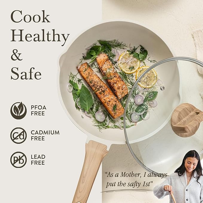 CAROTE 10Inch Nonstick Deep Frying Pan with Lid, 4.5Qt Jumbo Cooker Saute Pan with Pour Spout, Skillet Induction Cookware, Non Stick Cooking Pan Kitchen Pan PFOA Free, White Granite