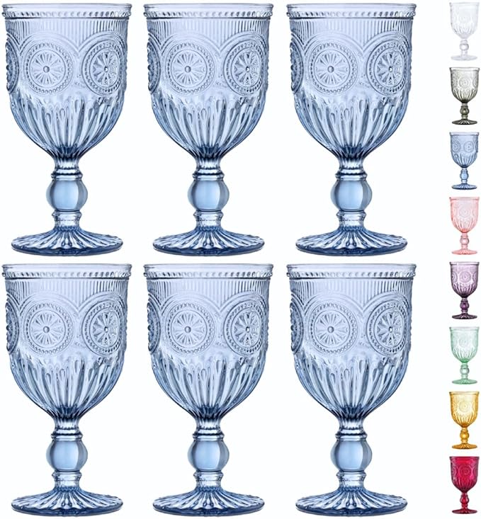 Yungala Blue Wine Glasses - Set of 6 Glass Goblets, 10oz - Dishwasher-Safe Handcrafted Stemmed Blue Vintage Glassware vintage wine glasses or water goblets or for those who love blue drinking glasses