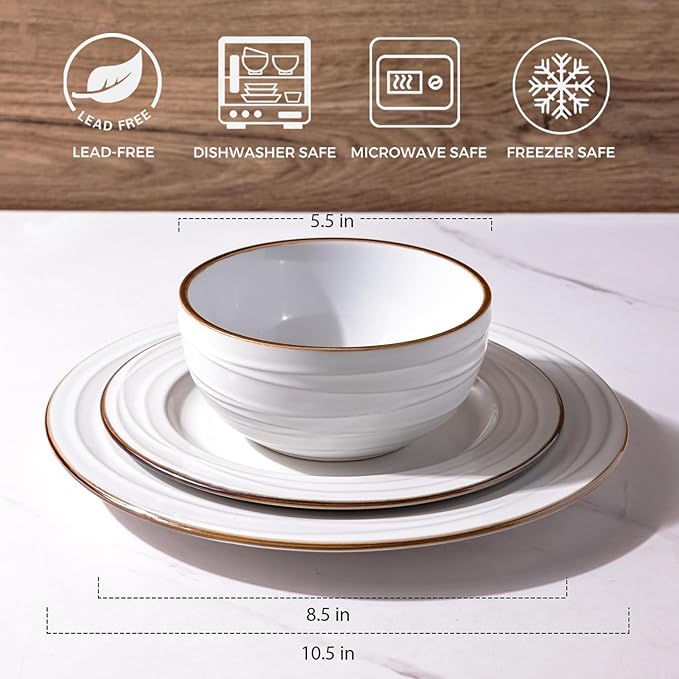 GBHOME Ceramic Dinnerware Sets, 24 pcs Embossed Elegant Stoneware Plates and Bowls Sets, Housewarming Wedding Gift | Dishwasher & Microwave Safe | Dishes Set Service for 8