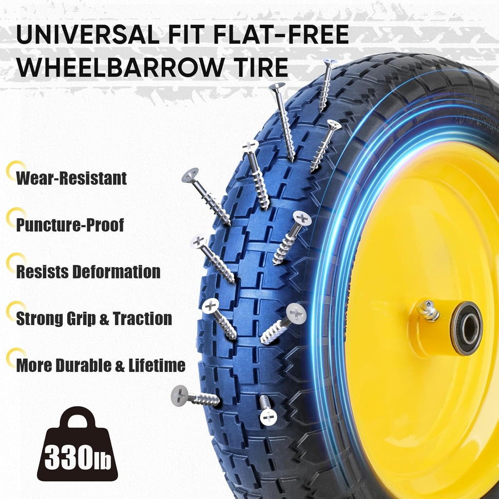 TICONN 4.80/4.00-8 Tire, 14.5" Flat Free Wheelbarrow Tire and Wheel, Solid Replacement Tires, 5/8" 3/4" Bearings, Universal Fit 4.80/4.00-8, 3.50/3.00-8, 4.00-6 (14.5" Yellow, 4PK)