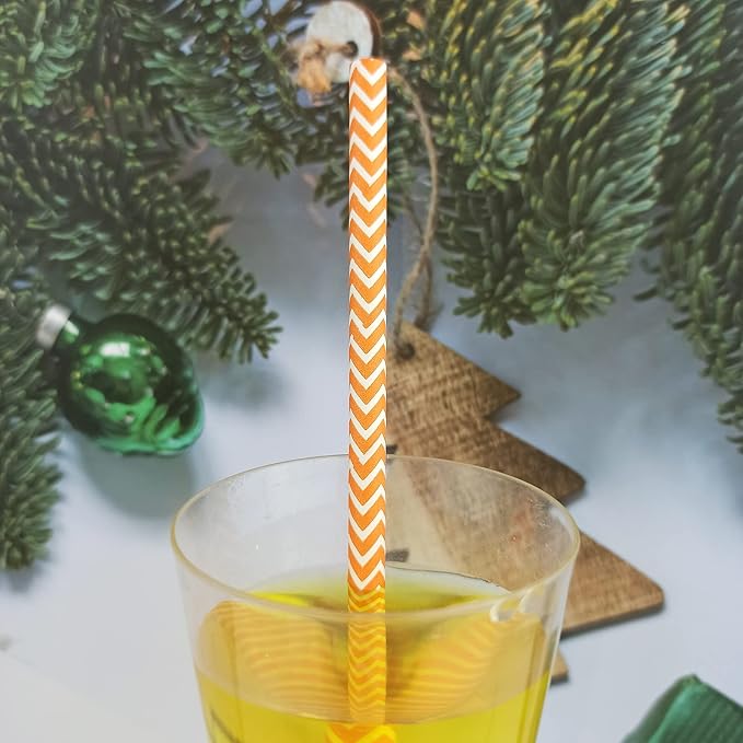 YAOSHENG Premium Disposable Waves Striped Drinking Paper Straws, Pack 100 Orange Waves Paper Straws for Cocktail Party Supplies,Birthday,Bridal/Baby Shower,Juice,Shakes (Orange Waves)