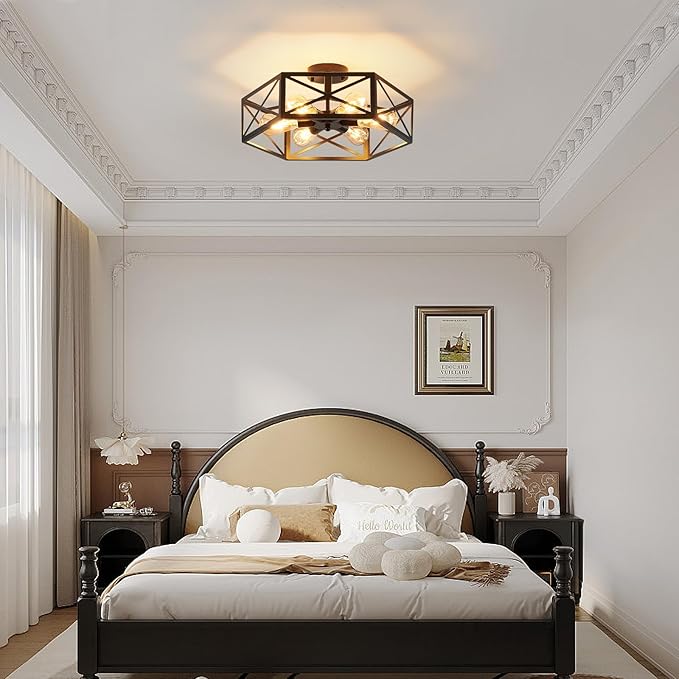 Industrial Semi Flush Mount Ceiling Light, 6 Light Modern Metal Close to Ceiling Light Fixture, Farmhouse Light Fixtures Ceiling Mount, Black Chandelier for Kitchen, Dining Room, Hallway