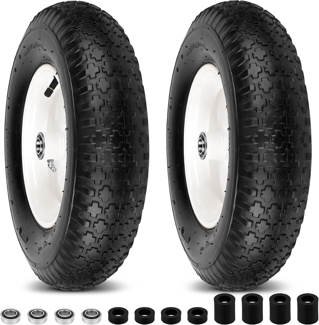 4.80/4.00-8" Wheelbarrow Tubed Tires and Wheels, 16" Universal Fit Pneumatic Tires with 3/4" or 5/8" Bearing, 3"-7" Hub, Adapter Kit Hand Truck Wheels Replacement for Garden Trailer, Wagons, 2 PCS