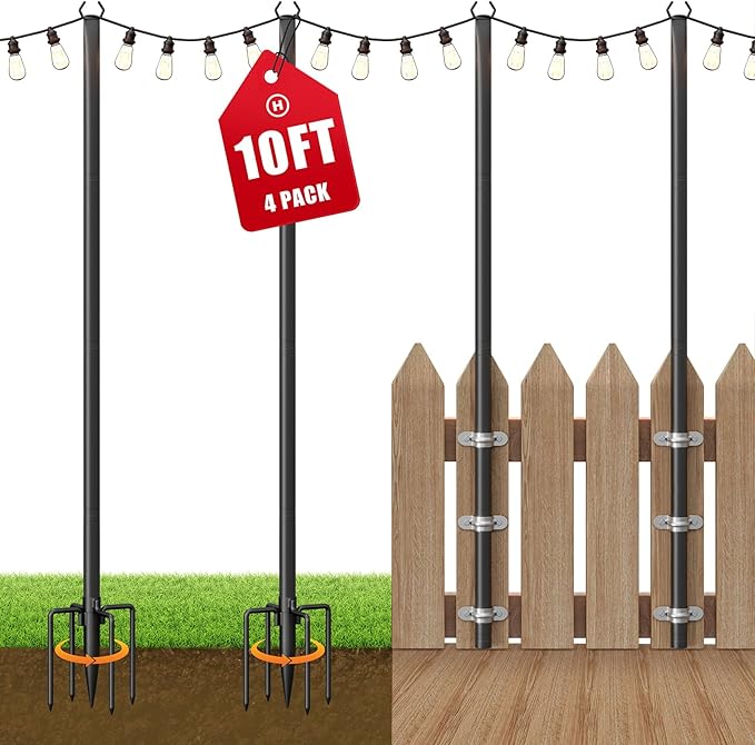 4 Pack String Light Poles for Outside, 10Ft Adjustable Outdoor Light Poles for String Lights, Outdoor Lighting Stand with Fork for Patio, Deck, Backyard, Garden, Party & Wedding