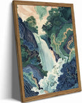 Framed Japanese Waterfall Canvas Wall Art, Abstract Landscape Wall Decor Paintings, Blue Green Nature Mountain Pictures Prints Zen Aesthetics Home Decor for Living Room Bedroom Bathroom 12x16 inch